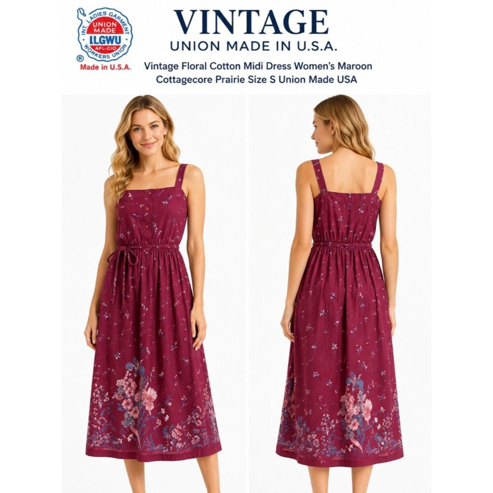 Vintage Floral Cotton Midi Dress Women's Maroon Cottagecore Prairie Size S USA